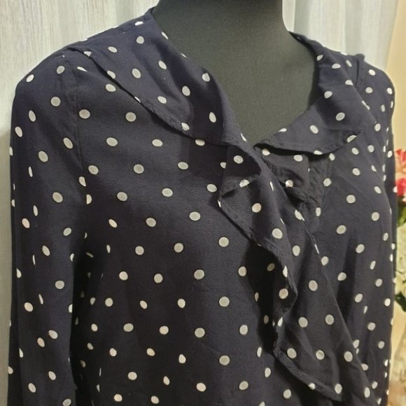 SEED HERITAGE AU-10 Dark Navy Blue/White Long Sleeve Top Polka Dot Ruffled Front - Picture 3 of 12